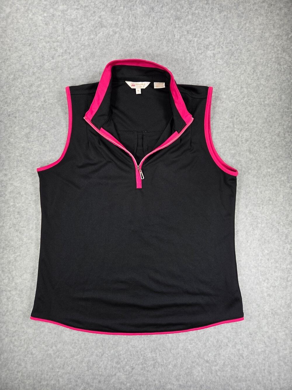 Monterey Club Sleeveless Golf Polo Top M Black Hot Pink Trim Quarter Zip EUC